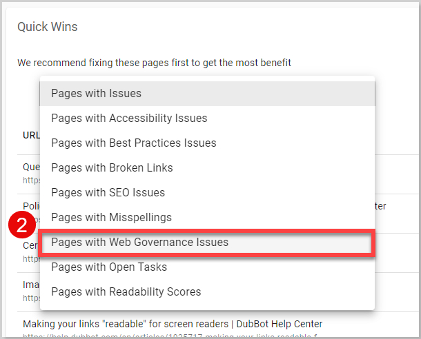 Quick Wins Panel with Pages with Governance Issues selected