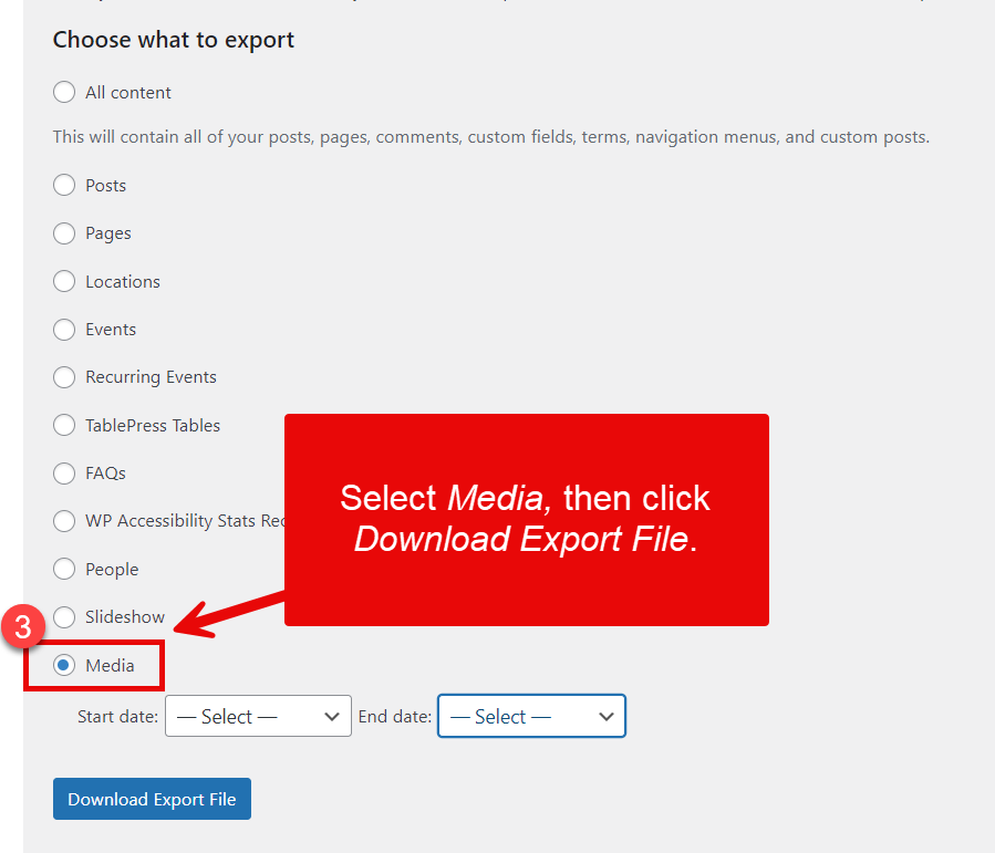 Choose what to export window with Media selected.